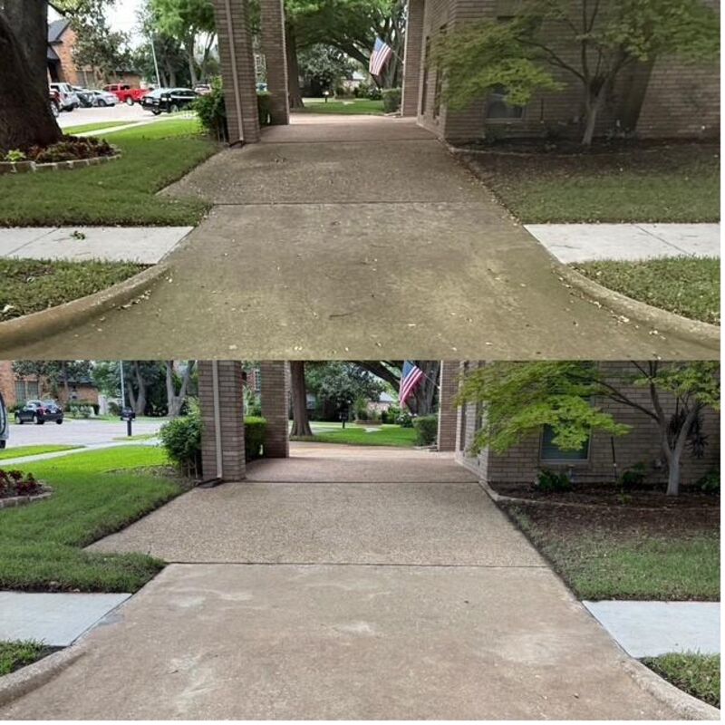 Before and after of a Deerfield driveway pressure washed clean