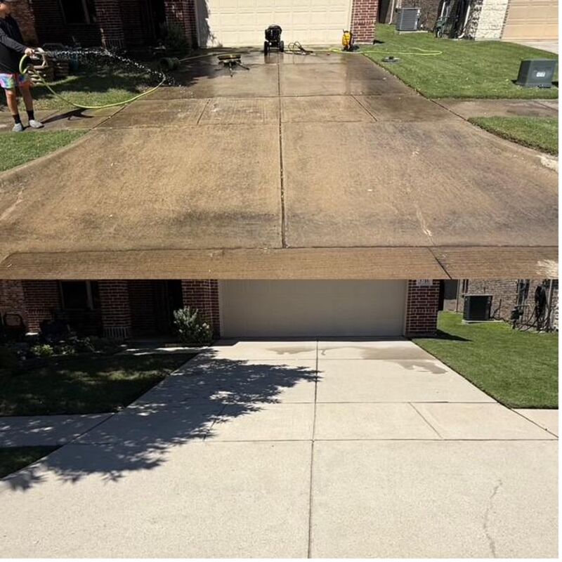 Before and after of a McKinney driveway cleaned