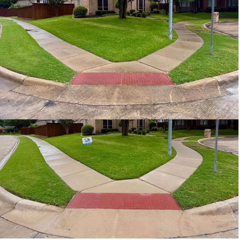 Before and after of stamped concrete cleaned in Frisco