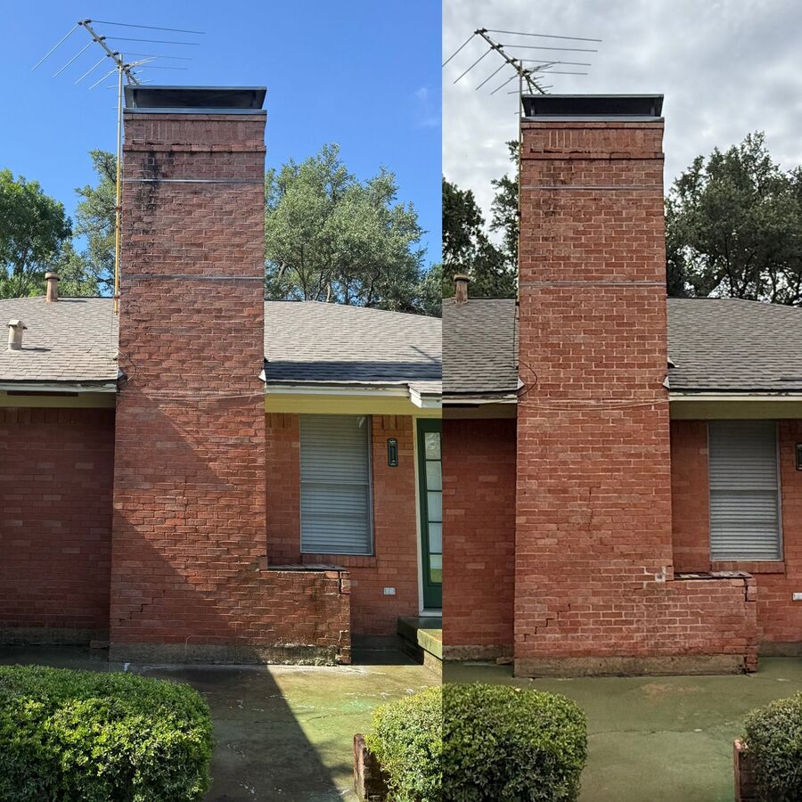 Before and after of an older brick chimney cleaned in Richardson