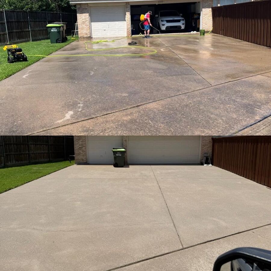 Before and after of a Plano driveway pressure washed clean