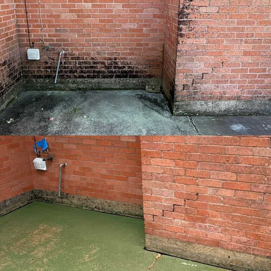 Before and after of a Richardson back patio and brick wall cleaned