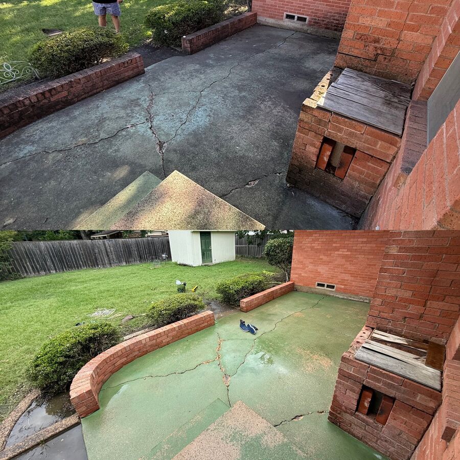Before and after of a back patio and brick retaining wall in Richardson