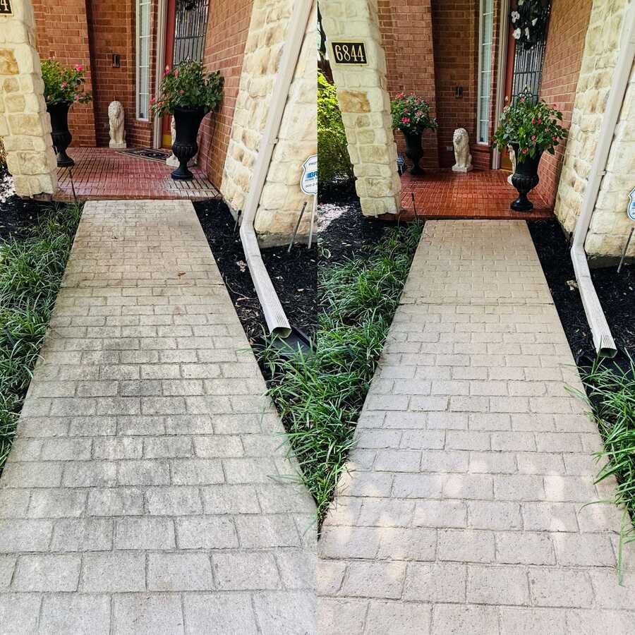 Before and after of a Plano paver walkway cleaned