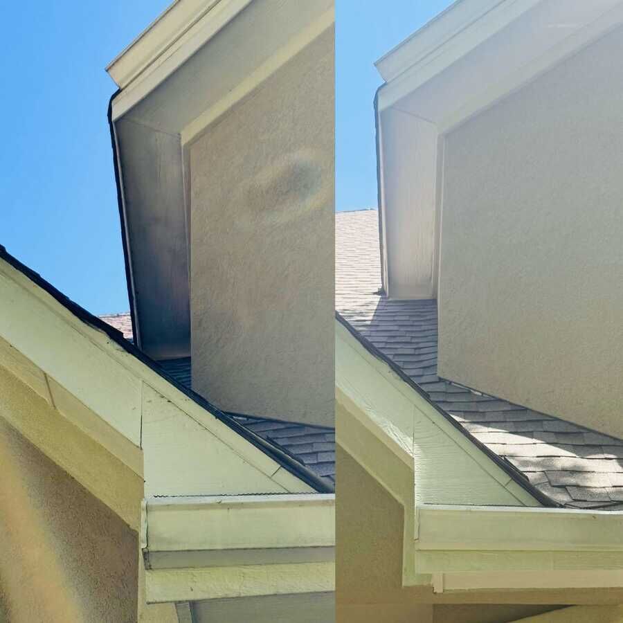 Before and after of a cleaned roofline, gutter and upper wall