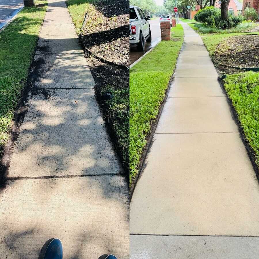 Before and after of a Plano sidewalk cleaned