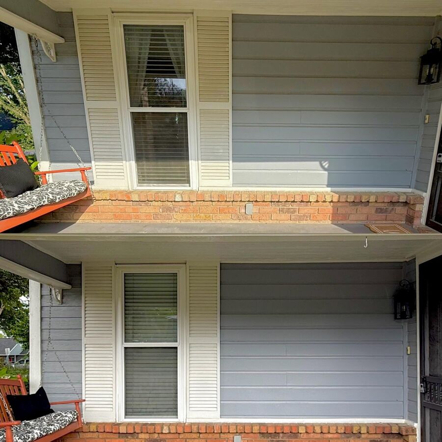 Before and after of a soft washed historic front porch in Frisco