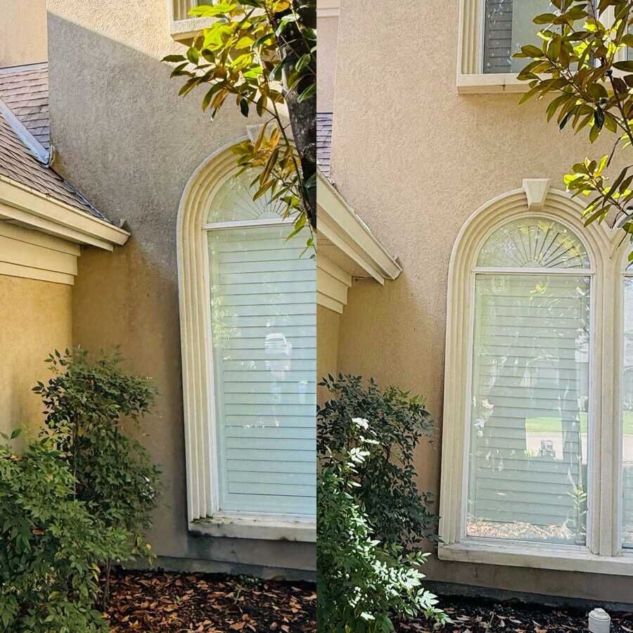 Before and after of cleaned upper walls and window in Southlake